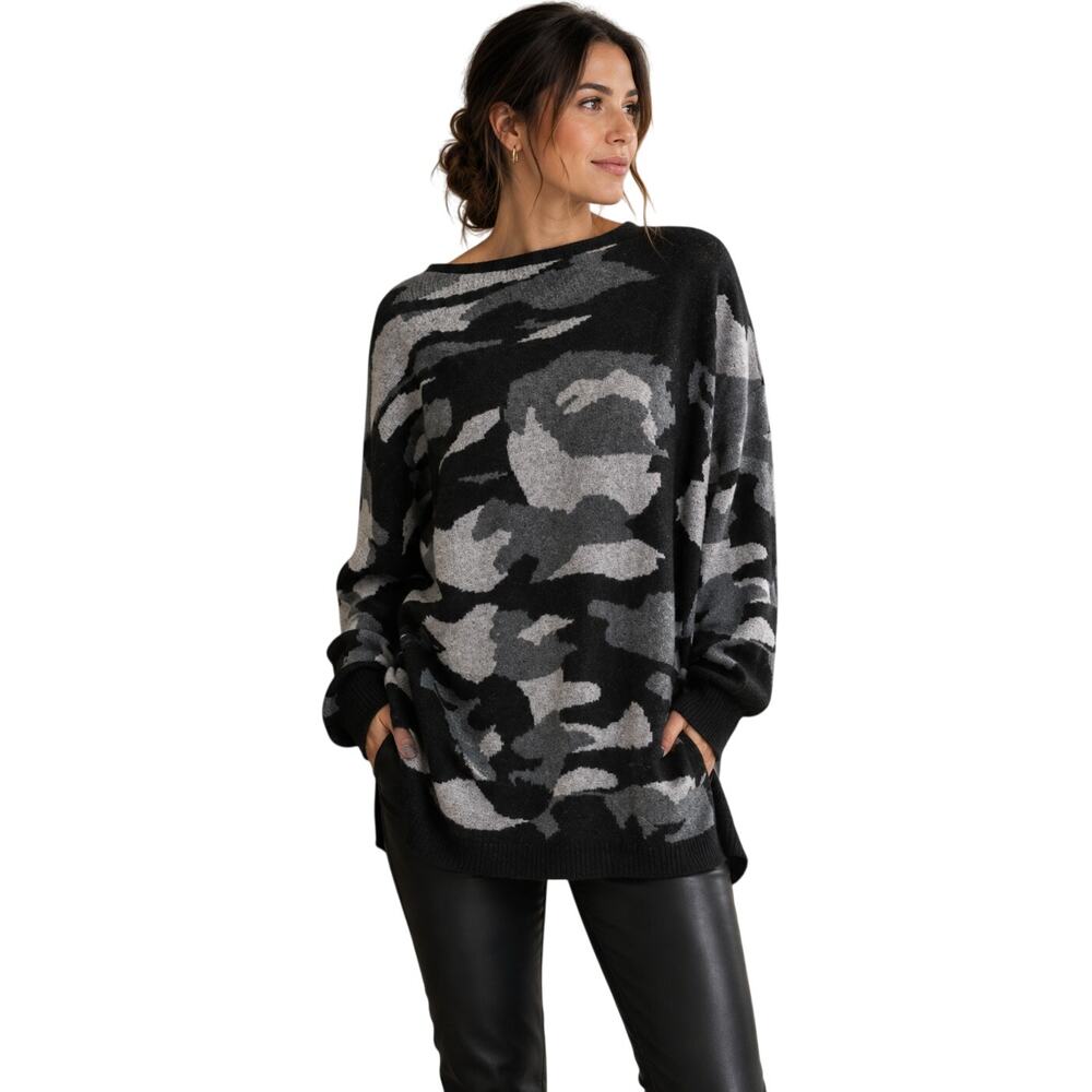 Forte Cashmere Blend Sweater L Black Gray Camo Oversized Luxury Knit Pullover
